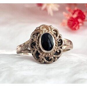 Art Deco Black Onyx Multi Gemstone 925 Sterling Silver Vintage Ring - sz 6